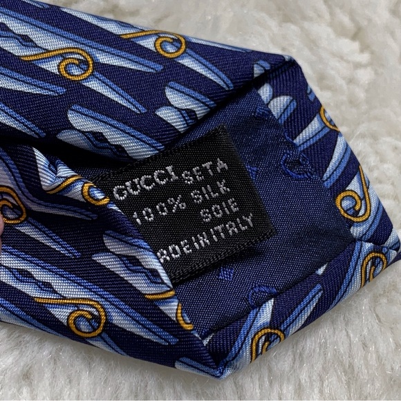 Gucci Men's Blue Gold 100% Silk Clothes Clips Pattern Tie - Picture 7 of 8